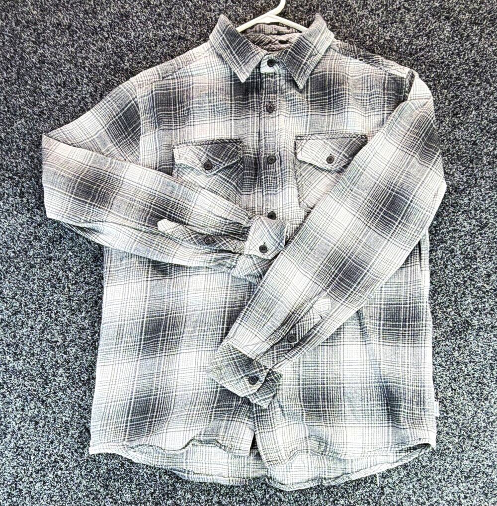 Hurley Men's S Gray/White/Black Flannel Plaid L/S Point Collar Button-Up Pockets